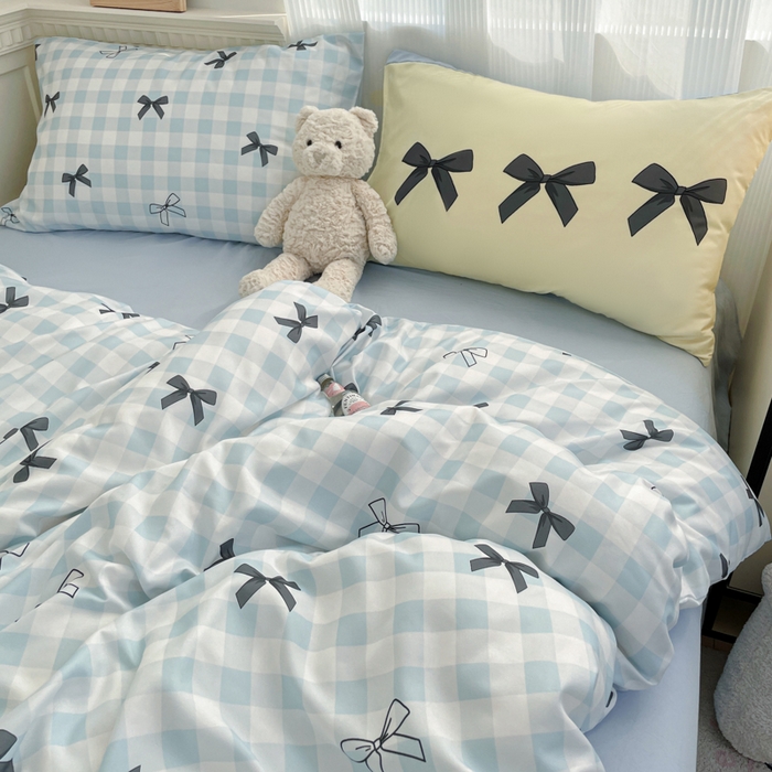 91家纺网 家纺一手货源 找家纺 曼陀罗 2025新款大版混搭四件套 大版-蓝格蝴蝶结黑