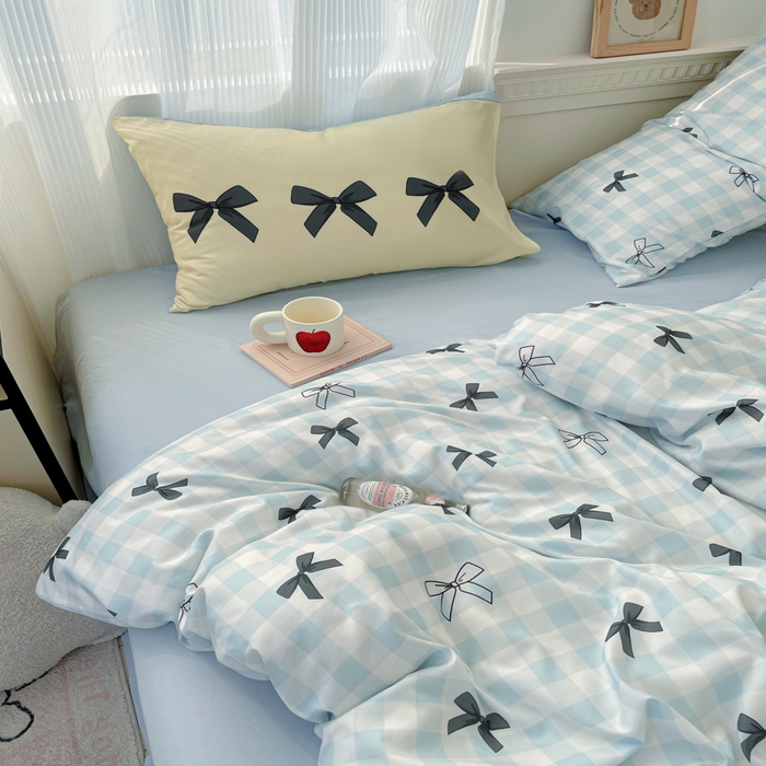 91家纺网 家纺一手货源 找家纺 曼陀罗 2025新款大版混搭四件套 大版-蓝格蝴蝶结黑