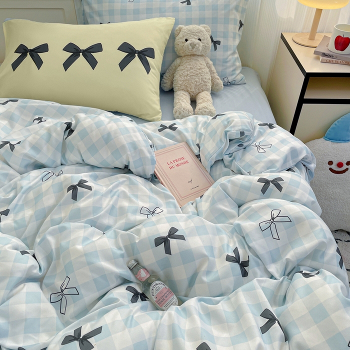 91家纺网 家纺一手货源 找家纺 曼陀罗 2025新款大版混搭四件套 大版-蓝格蝴蝶结黑