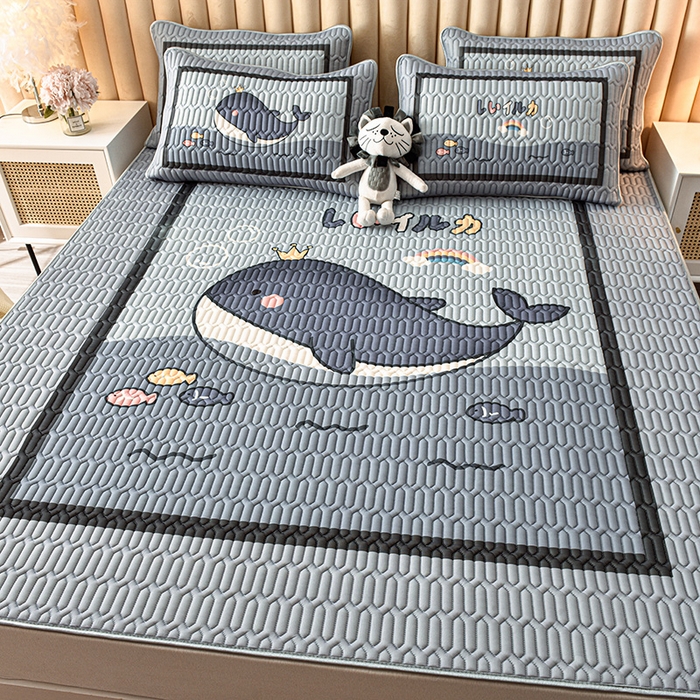 炫拼家纺 2025新款凉感丝大版乳胶凉席三件套 海浪鲸鱼