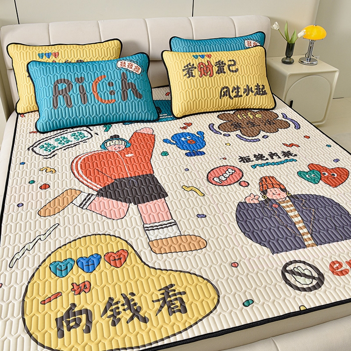 91家纺网 家纺一手货源 找家纺 炫拼家纺 2025新款凉感丝大版乳胶凉席三件套 爱财爱己