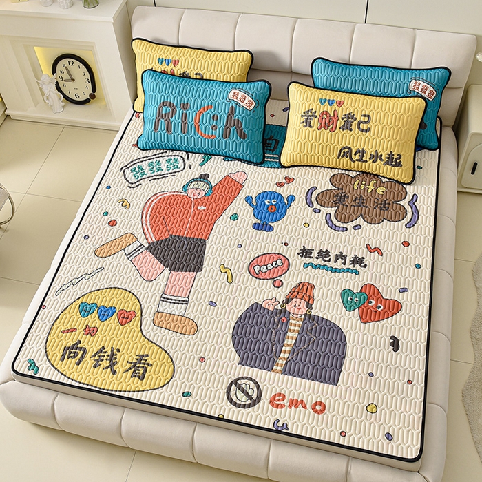 91家纺网 家纺一手货源 找家纺 炫拼家纺 2025新款凉感丝大版乳胶凉席三件套 爱财爱己