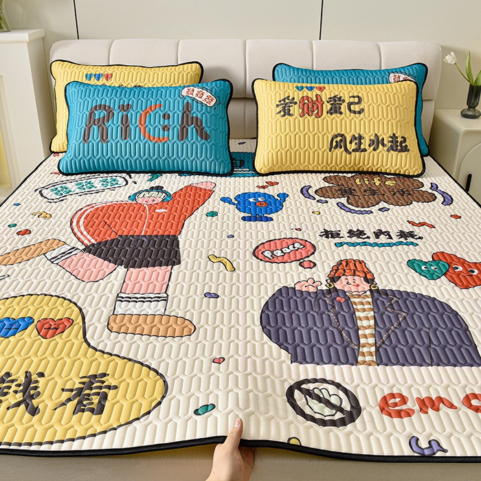 91家纺网 家纺一手货源 找家纺 炫拼家纺 2025新款凉感丝大版乳胶凉席三件套 爱财爱己