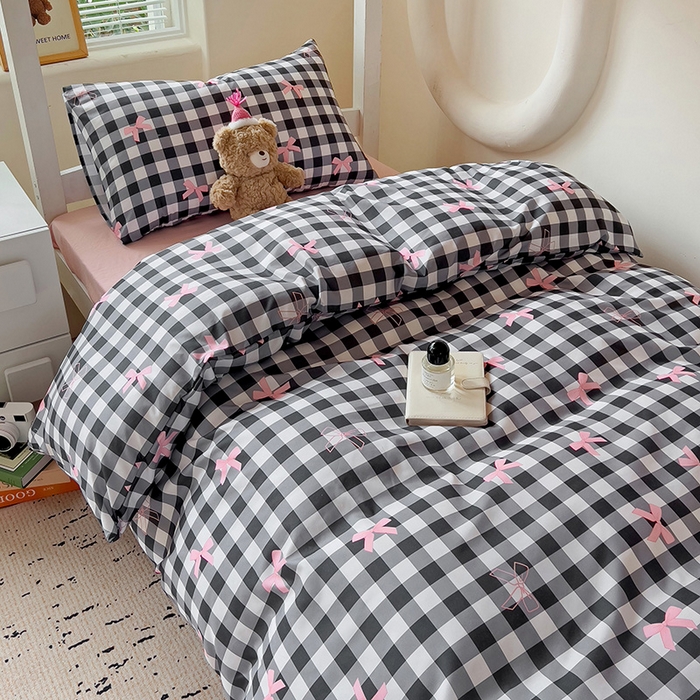 91家纺网 家纺一手货源 找家纺 曼陀罗2025新款超柔云朵棉学生宿舍上下铺三件套 黑格蝴蝶结