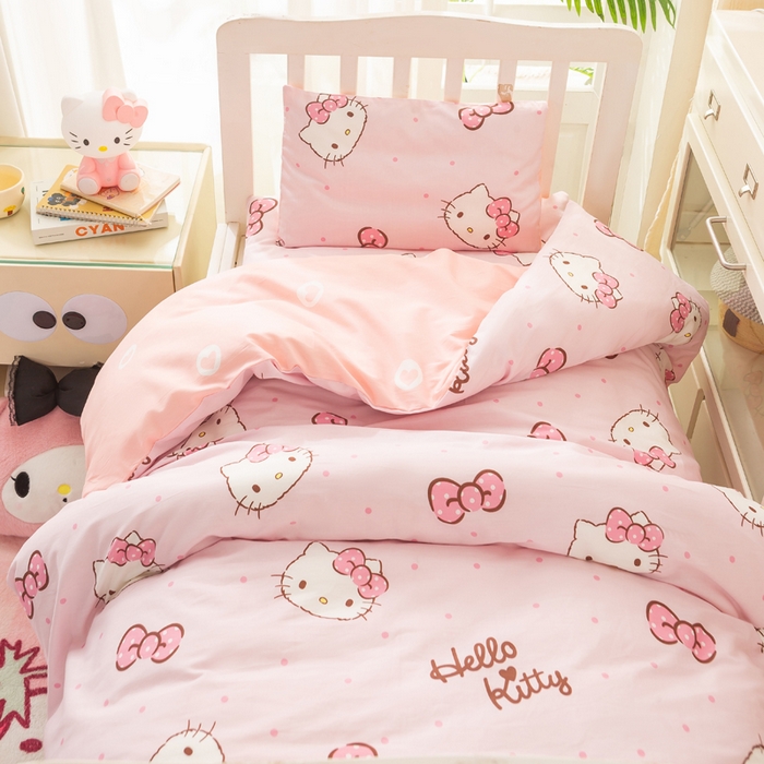 91家纺网 家纺一手货源 找家纺 博雅 2025新款三丽欧全棉纯棉幼儿园三套件宿舍三件套上下铺三件套 粉色蝴蝶结KT