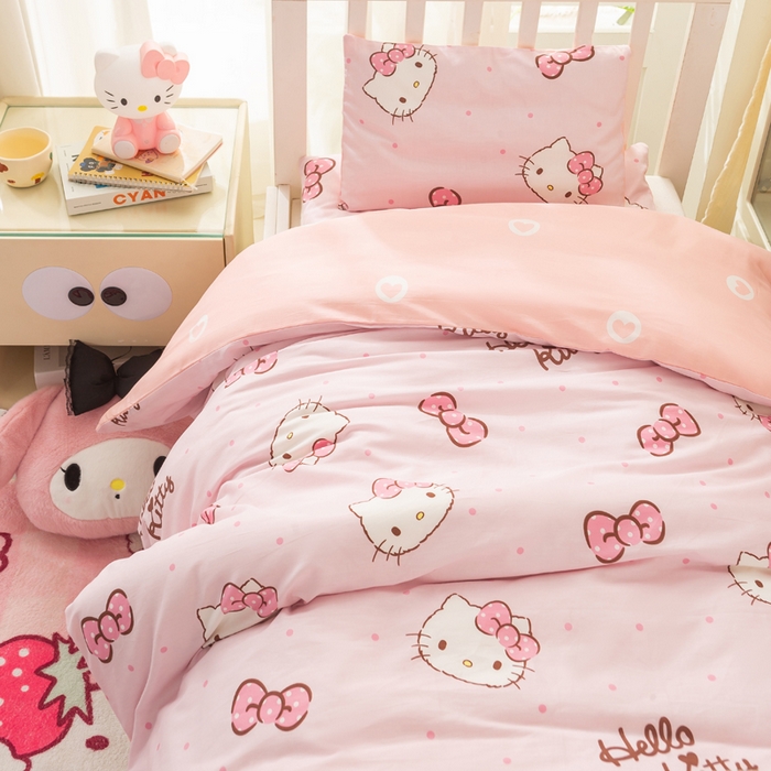 91家纺网 家纺一手货源 找家纺 博雅 2025新款三丽欧全棉纯棉幼儿园三套件宿舍三件套上下铺三件套 粉色蝴蝶结KT