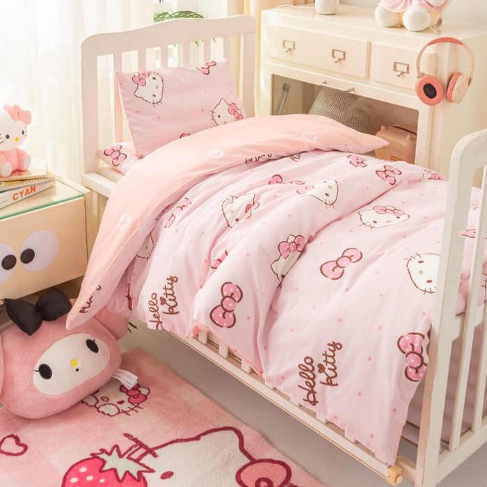 91家纺网 家纺一手货源 找家纺 博雅 2025新款三丽欧全棉纯棉幼儿园三套件宿舍三件套上下铺三件套 粉色蝴蝶结KT