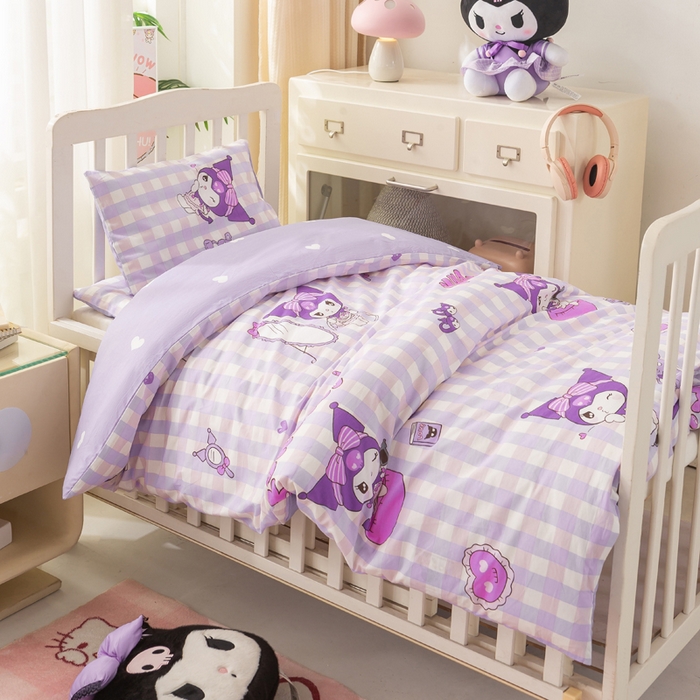 91家纺网 家纺一手货源 找家纺 博雅 2025新款三丽欧全棉纯棉幼儿园三套件宿舍三件套上下铺三件套 小方格库洛米