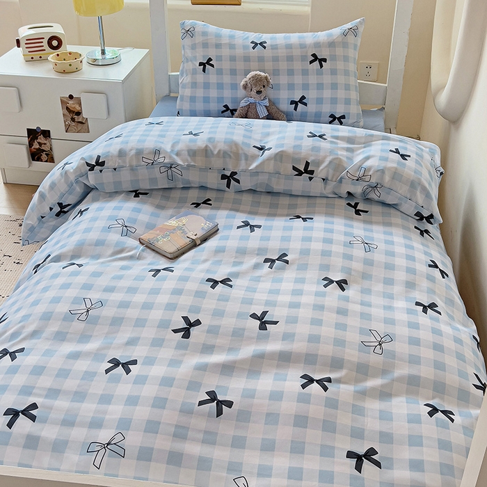 91家纺网 家纺一手货源 找家纺 曼陀罗2025新款超柔云朵棉学生宿舍上下铺三件套 蓝格蝴蝶结黑