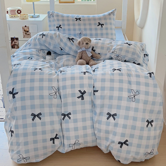 91家纺网 家纺一手货源 找家纺 曼陀罗2025新款超柔云朵棉学生宿舍上下铺三件套 蓝格蝴蝶结黑