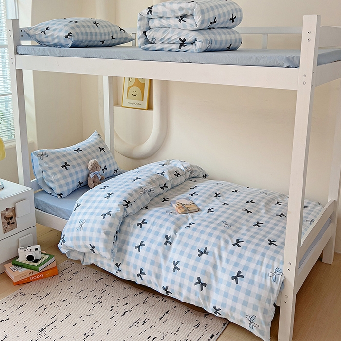 曼陀罗2025新款超柔云朵棉学生宿舍上下铺三件套 蓝格蝴蝶结黑