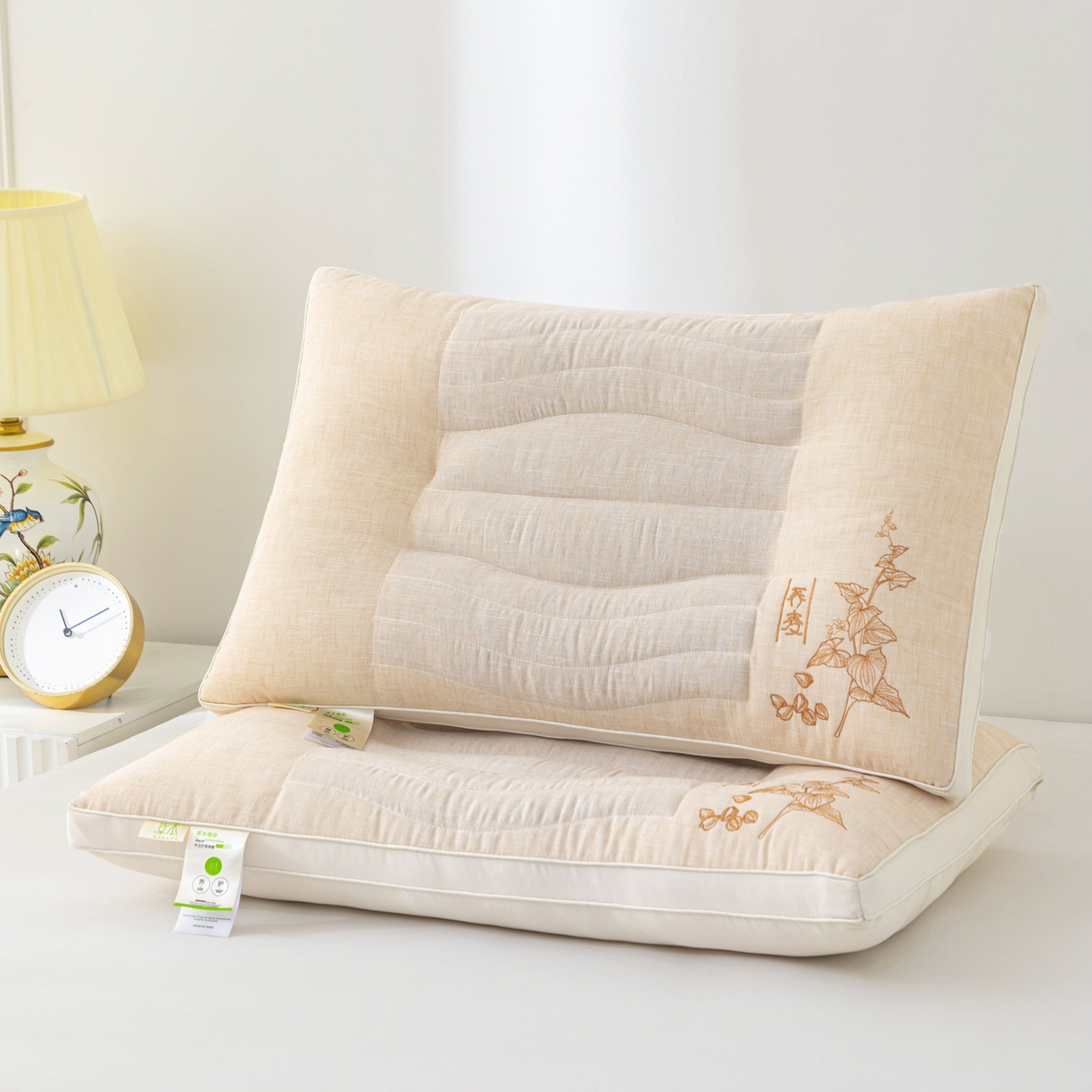 大熊枕芯 2025新款麻料定型护颈枕荞麦壳羽丝绒枕头枕芯 玉色