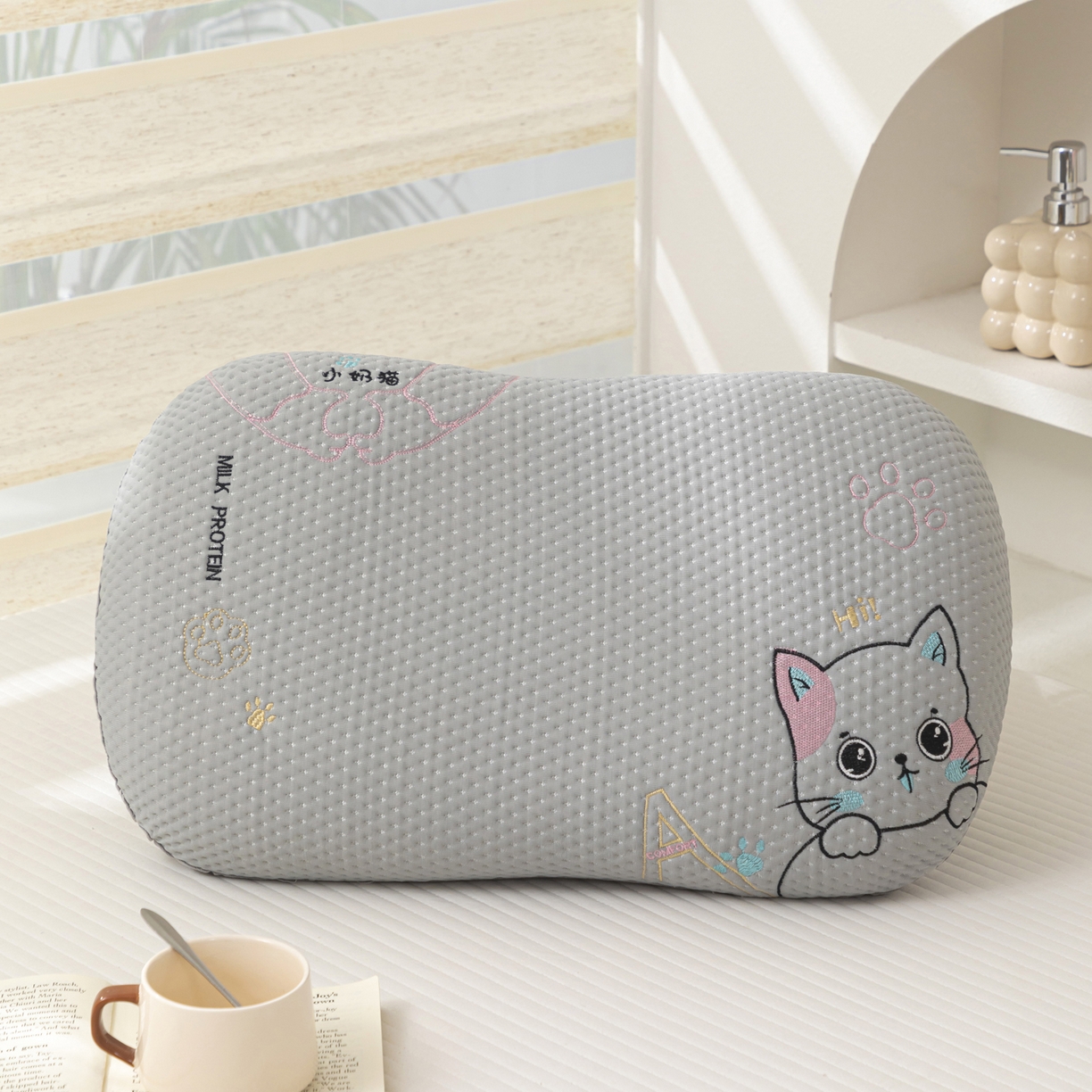 大熊枕芯 2025新款小奶猫慢回弹记忆枕猫肚枕枕头枕芯 小奶猫记忆枕-灰