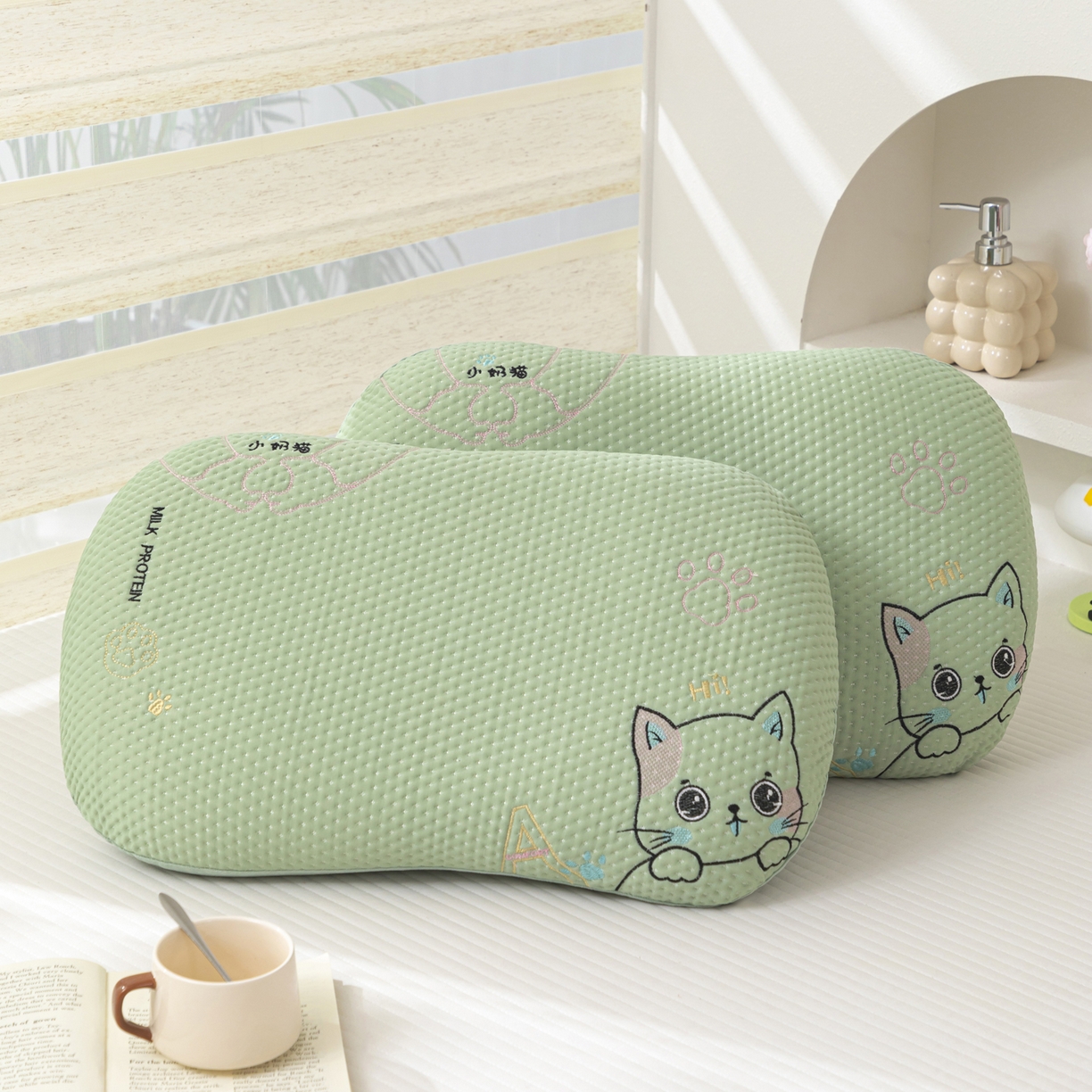 91家纺网 家纺一手货源 找家纺 大熊枕芯 2025新款小奶猫慢回弹记忆枕猫肚枕枕头枕芯 小奶猫记忆枕-绿