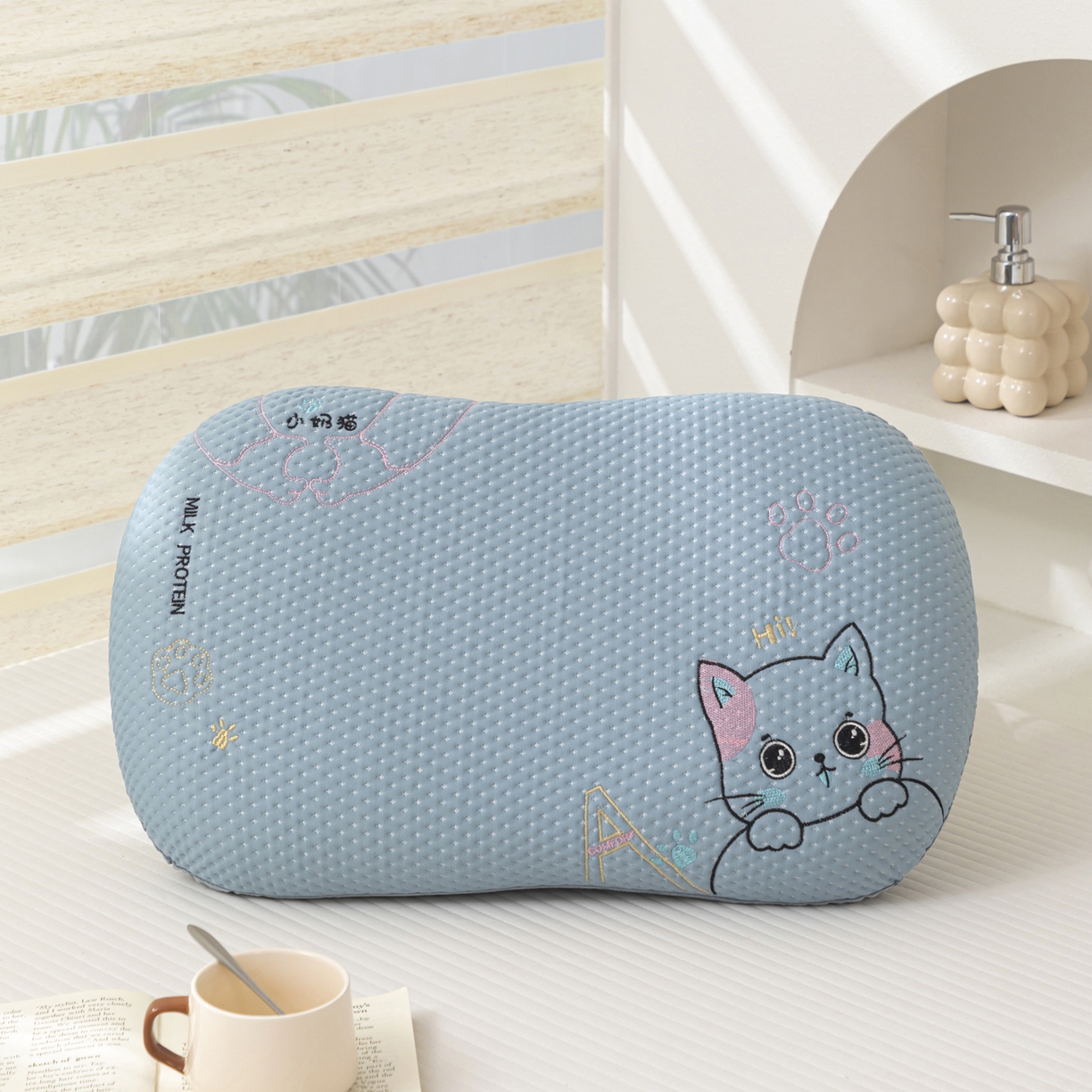 大熊枕芯 2025新款小奶猫慢回弹记忆枕猫肚枕枕头枕芯 小奶猫记忆枕-蓝