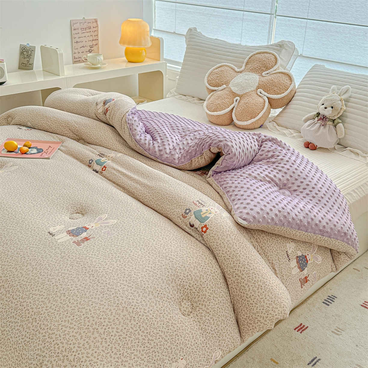 91家纺网 家纺一手货源 找家纺 优被业 2025新款A类牛奶丝针织棉豆豆被 大豆被 冬被 被子被芯 慕斯小兔