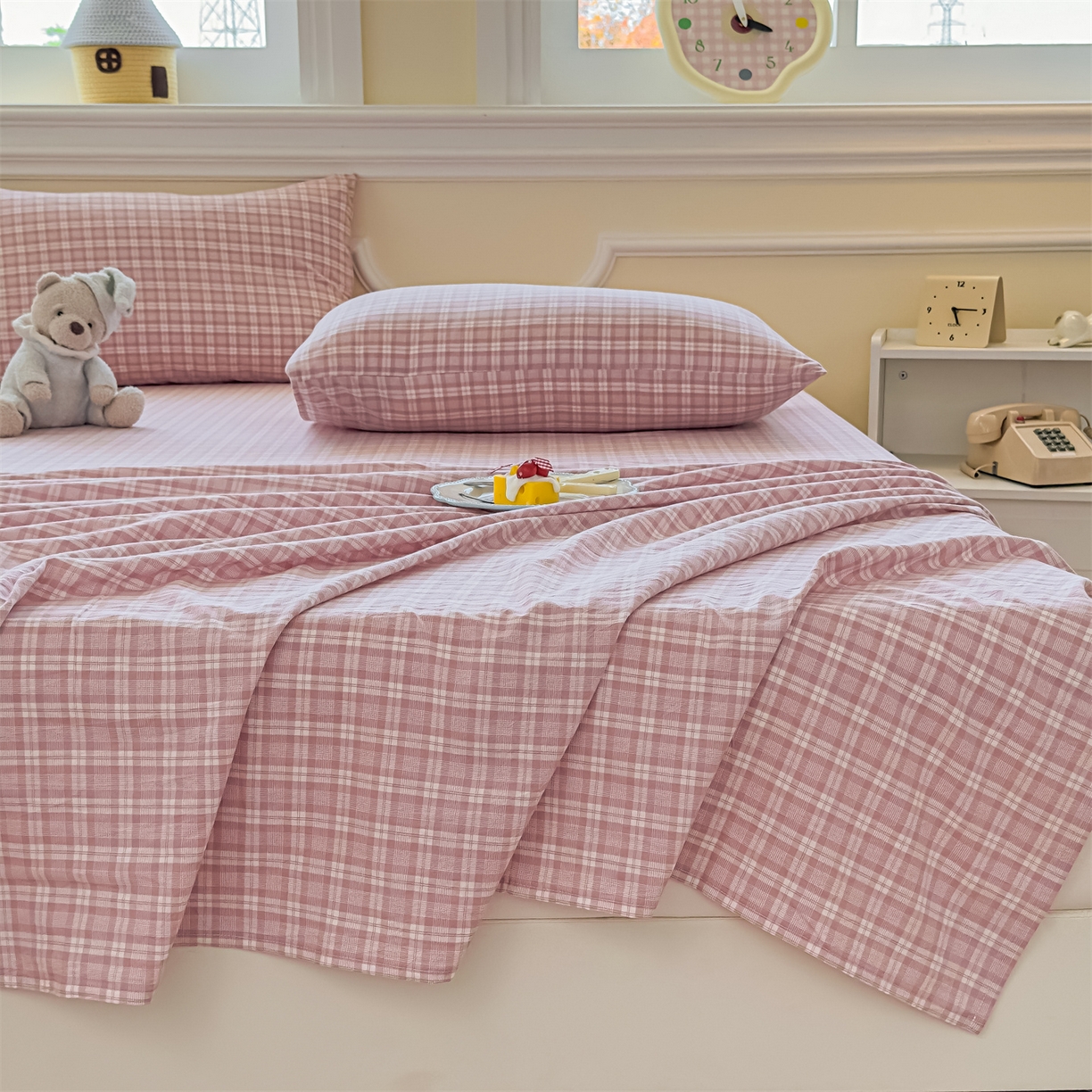 91家纺网 家纺一手货源 找家纺 菡宝 2025新款全棉纯棉色织水洗棉单床单 粉格调