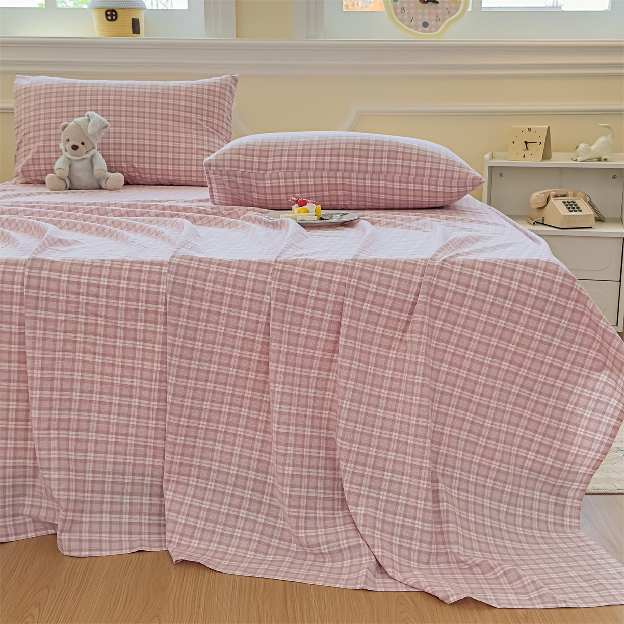 91家纺网 家纺一手货源 找家纺 菡宝 2025新款全棉纯棉色织水洗棉单床单 粉格调