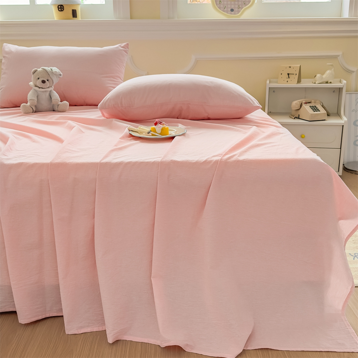 91家纺网 家纺一手货源 找家纺 菡宝 2025新款全棉纯棉色织水洗棉单床单 粉色青年