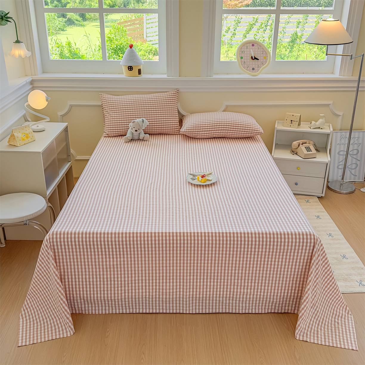 91家纺网 家纺一手货源 找家纺 菡宝 2025新款全棉纯棉色织水洗棉单床单 粉小格