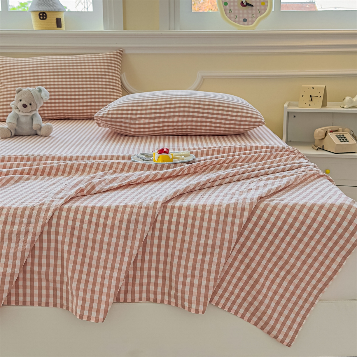 91家纺网 家纺一手货源 找家纺 菡宝 2025新款全棉纯棉色织水洗棉单床单 粉小格