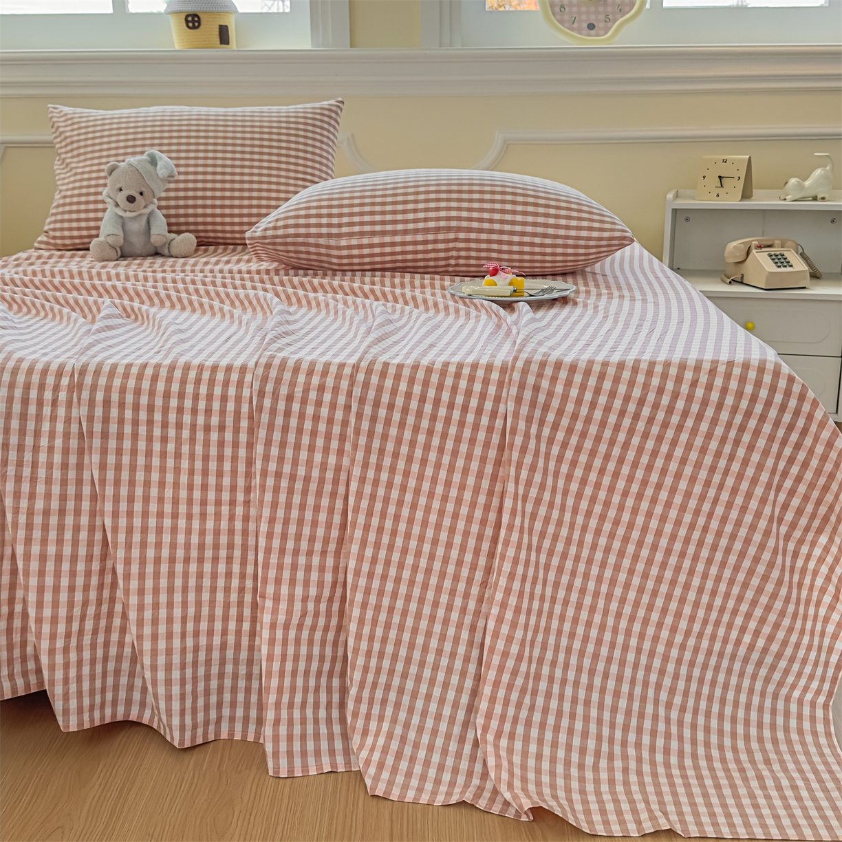 91家纺网 家纺一手货源 找家纺 菡宝 2025新款全棉纯棉色织水洗棉单床单 粉小格