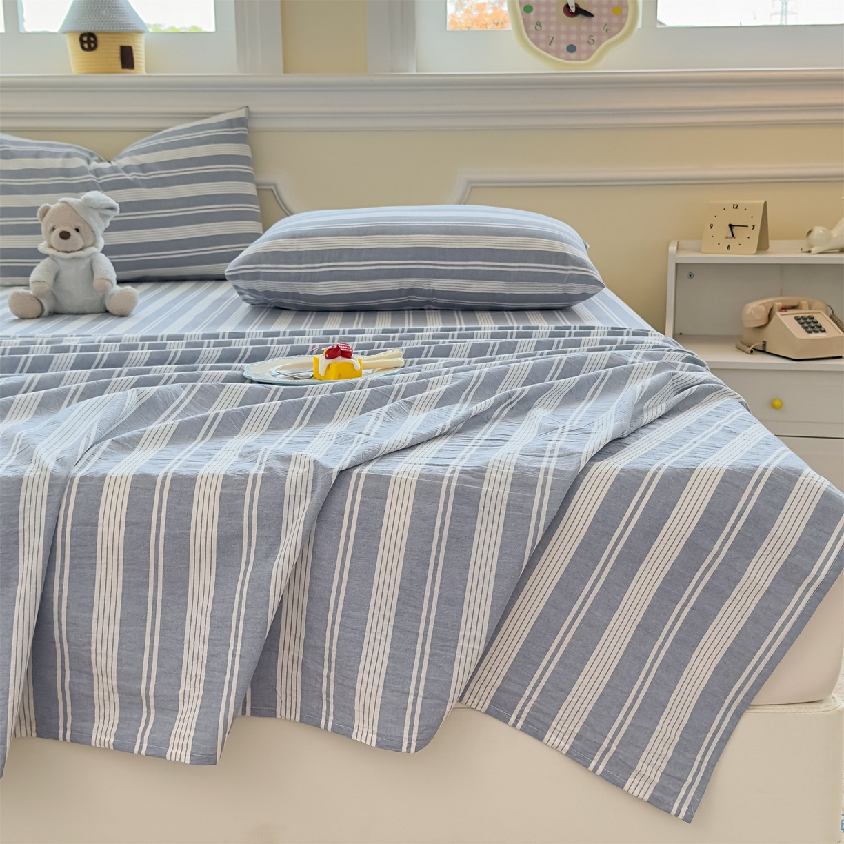 91家纺网 家纺一手货源 找家纺 菡宝 2025新款全棉纯棉色织水洗棉单床单 海盐蓝条