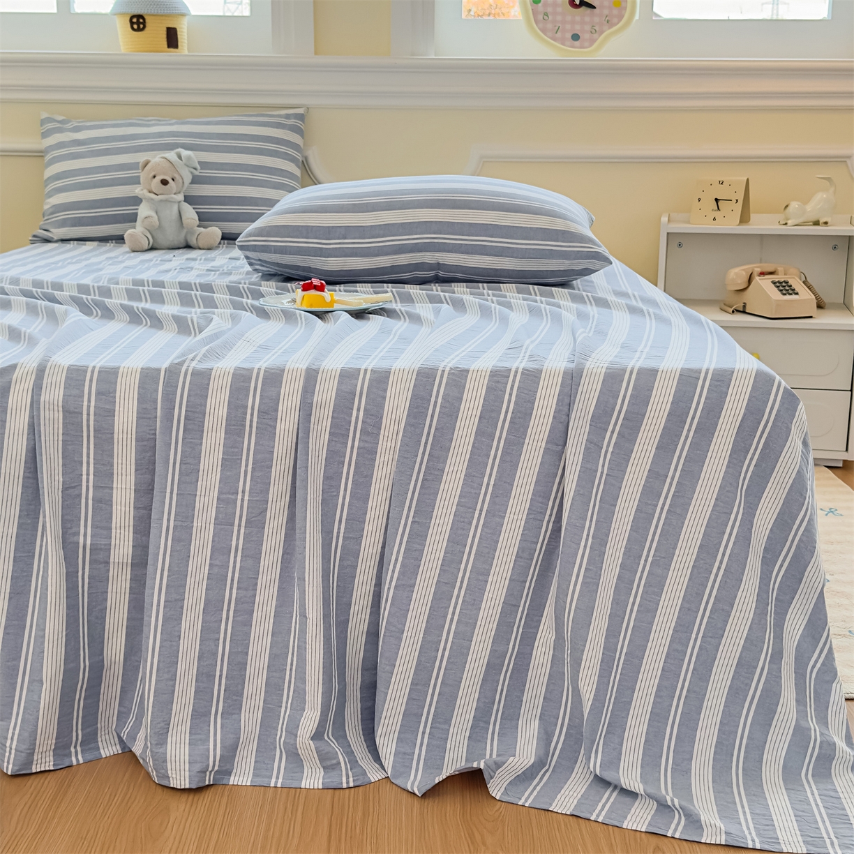 91家纺网 家纺一手货源 找家纺 菡宝 2025新款全棉纯棉色织水洗棉单床单 海盐蓝条