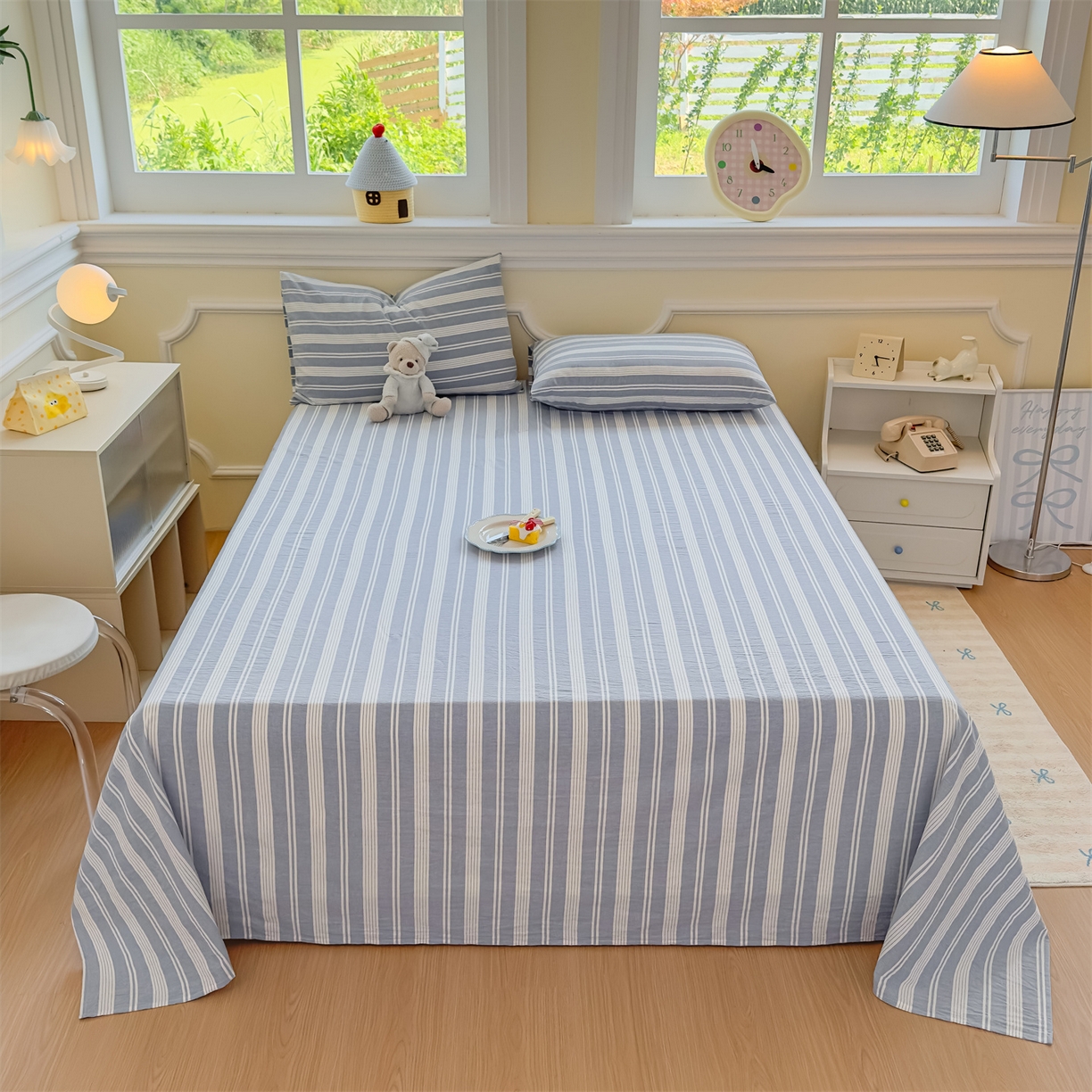 91家纺网 家纺一手货源 找家纺 菡宝 2025新款全棉纯棉色织水洗棉单床单 海盐蓝条