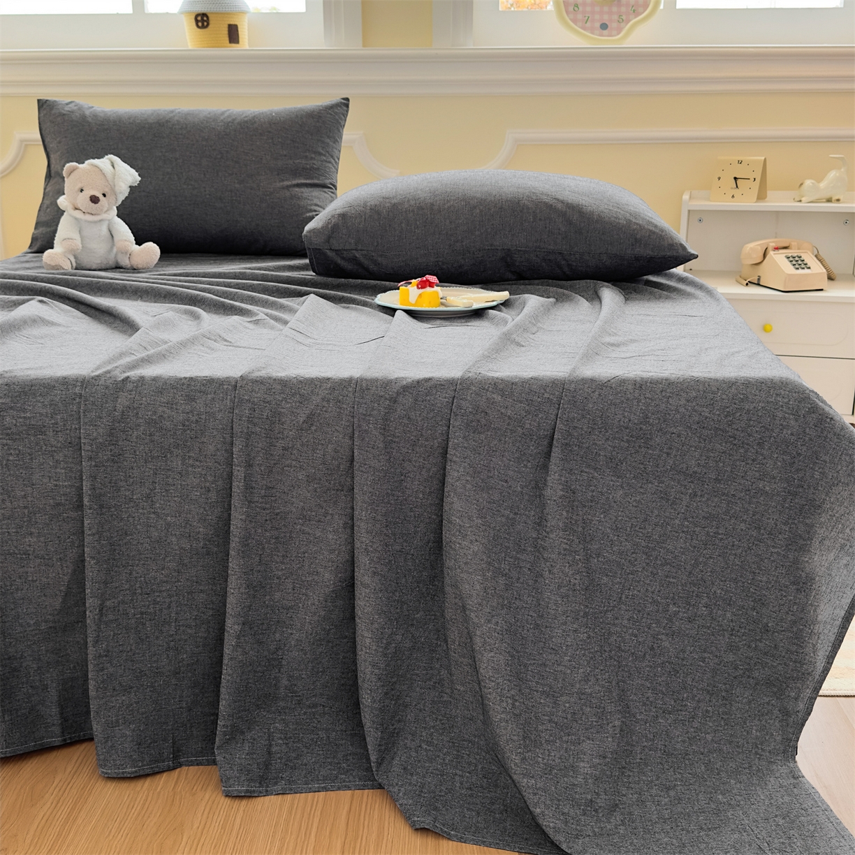 91家纺网 家纺一手货源 找家纺 菡宝 2025新款全棉纯棉色织水洗棉单床单 黑色青年