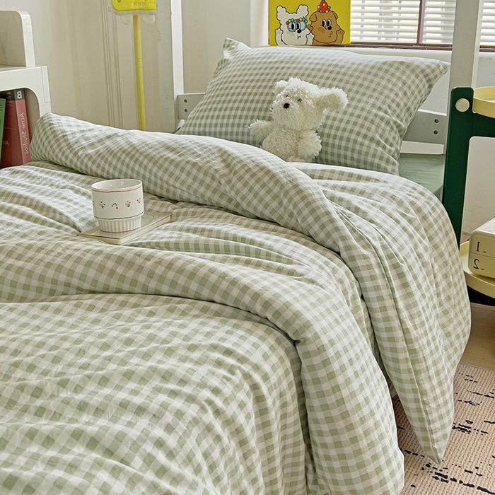 91家纺网 家纺一手货源 找家纺 曼陀罗2025新款超柔云朵棉学生宿舍上下铺三件套 小格浅绿