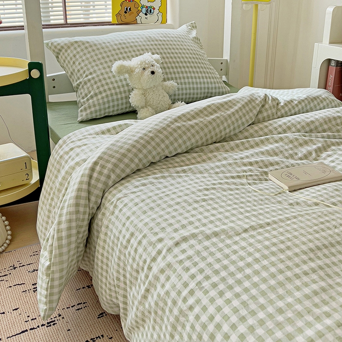 91家纺网 家纺一手货源 找家纺 曼陀罗2025新款超柔云朵棉学生宿舍上下铺三件套 小格浅绿