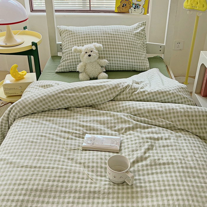 91家纺网 家纺一手货源 找家纺 曼陀罗2025新款超柔云朵棉学生宿舍上下铺三件套 小格浅绿