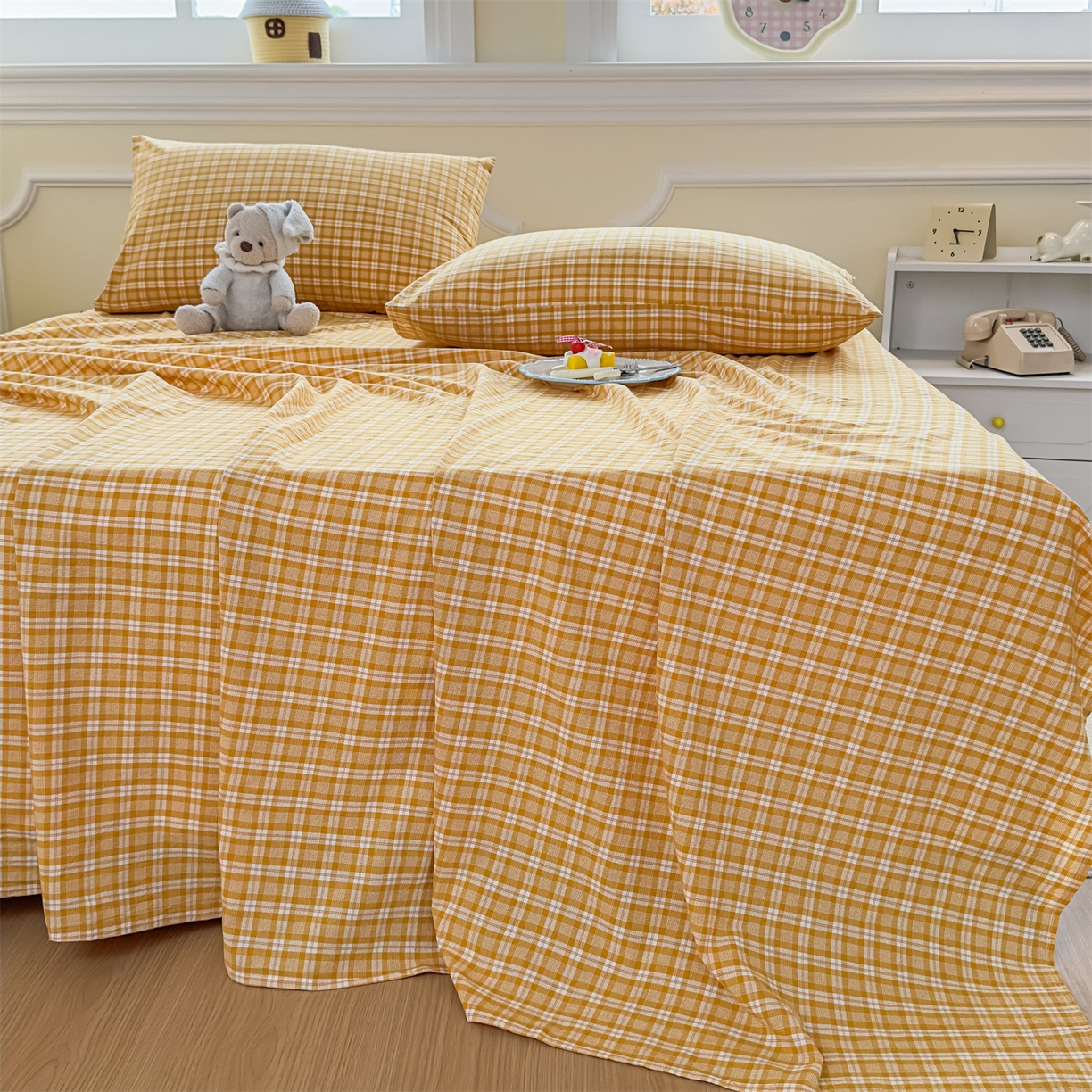 91家纺网 家纺一手货源 找家纺 菡宝 2025新款全棉纯棉色织水洗棉单床单 黄格调