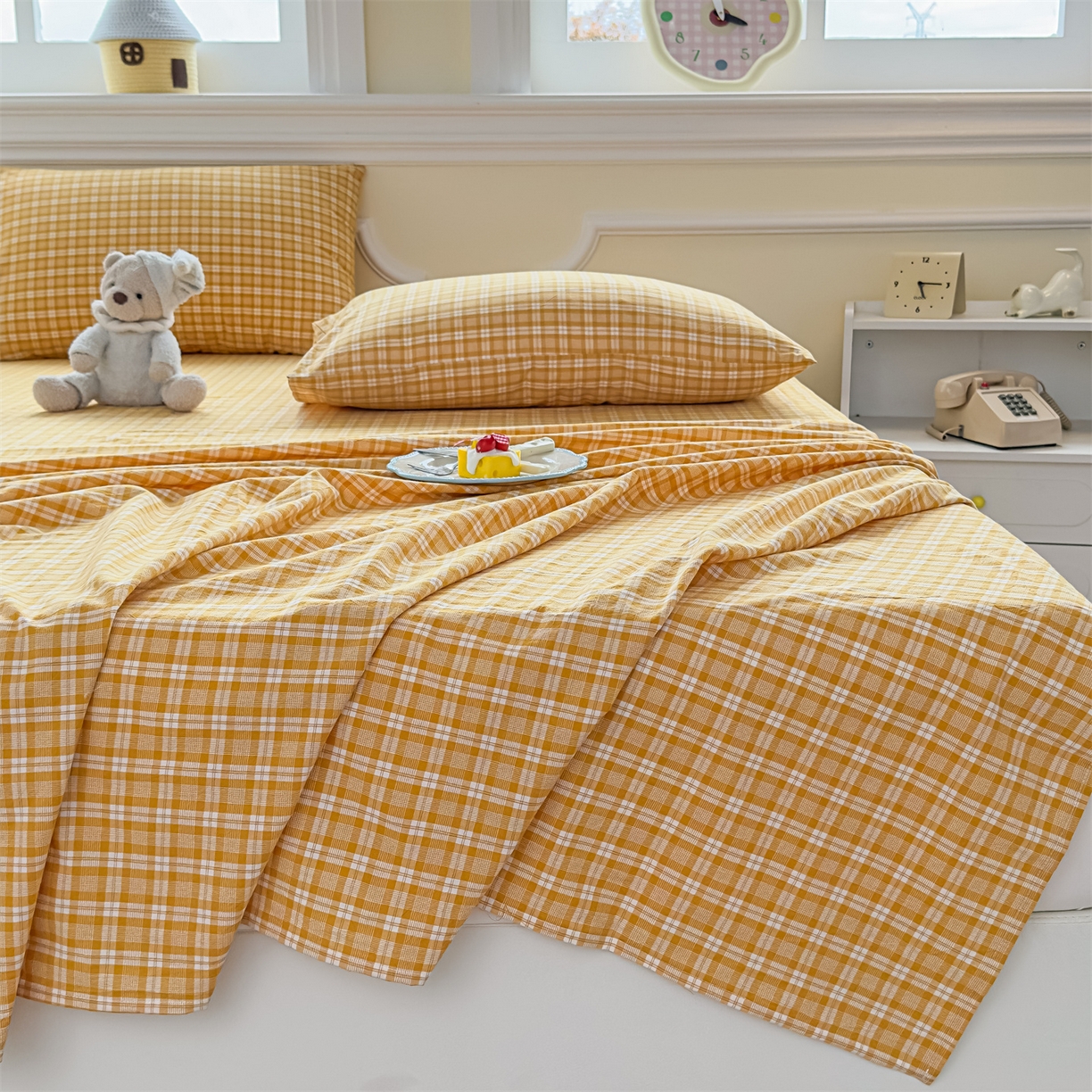 91家纺网 家纺一手货源 找家纺 菡宝 2025新款全棉纯棉色织水洗棉单床单 黄格调