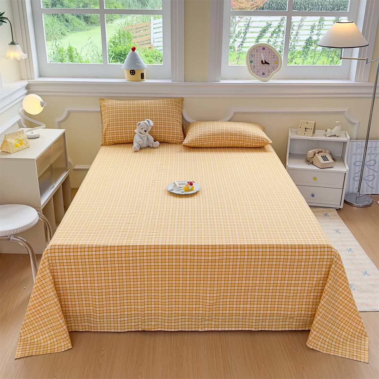 91家纺网 家纺一手货源 找家纺 菡宝 2025新款全棉纯棉色织水洗棉单床单 黄格调