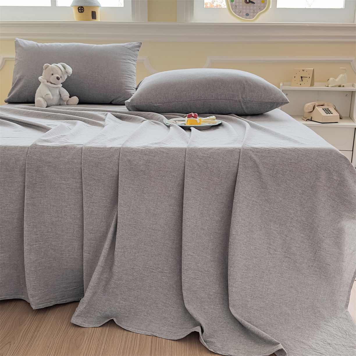 91家纺网 家纺一手货源 找家纺 菡宝 2025新款全棉纯棉色织水洗棉单床单 灰色青年