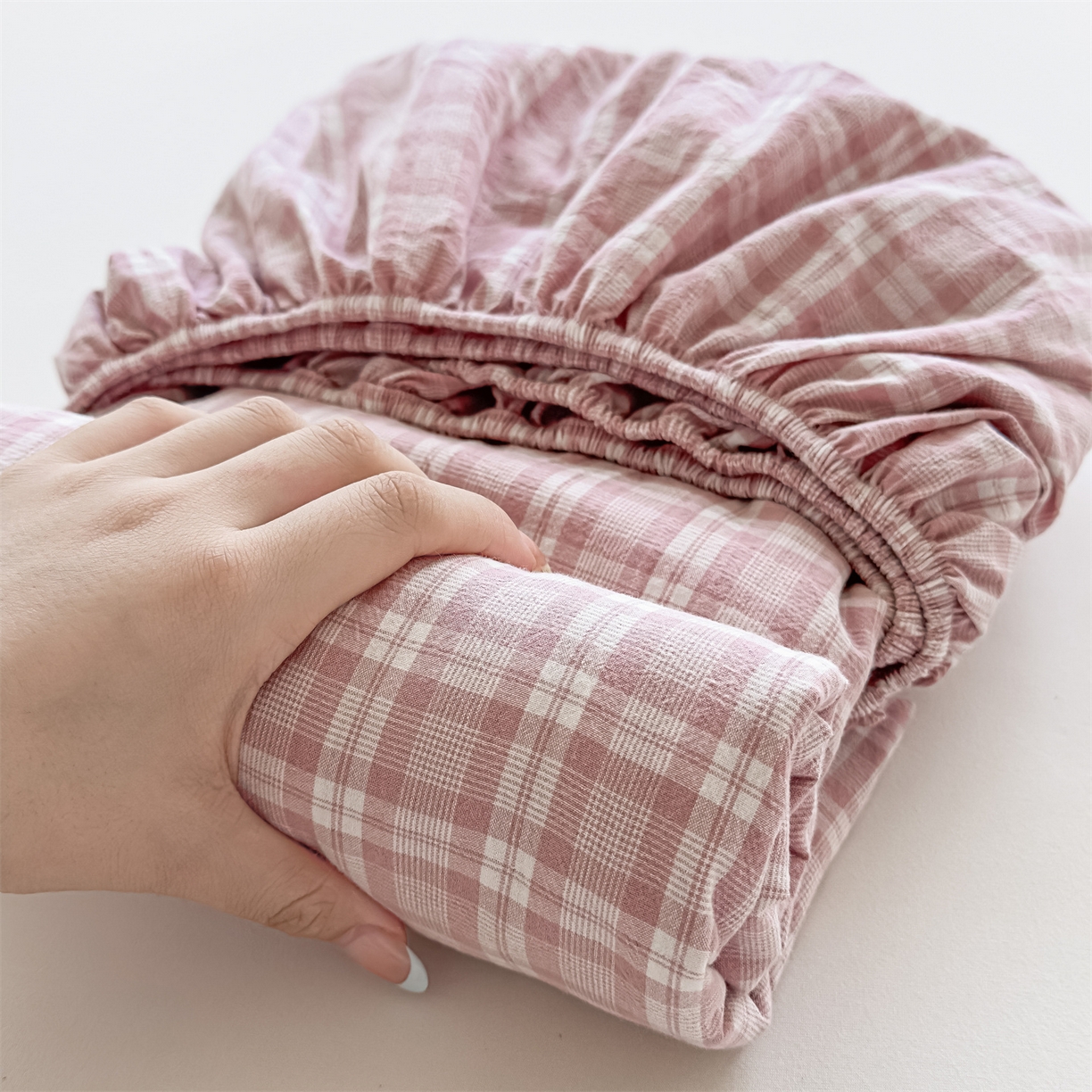 菡宝 2025新款全棉纯棉色织水洗棉单单床笠 粉格调