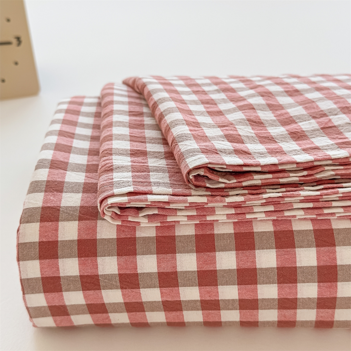 菡宝 2025新款全棉纯棉色织水洗棉单床单 橘红小格