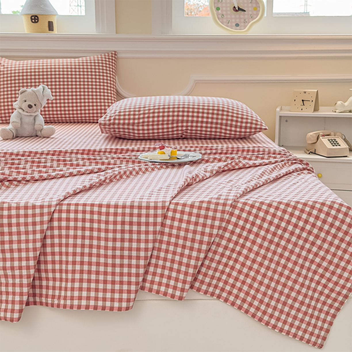 91家纺网 家纺一手货源 找家纺 菡宝 2025新款全棉纯棉色织水洗棉单床单 橘红小格