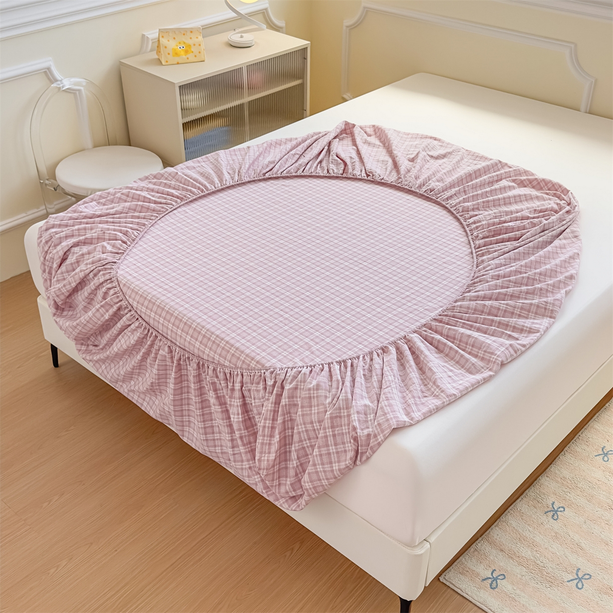 91家纺网 家纺一手货源 找家纺 菡宝 2025新款全棉纯棉色织水洗棉单单床笠 粉格调