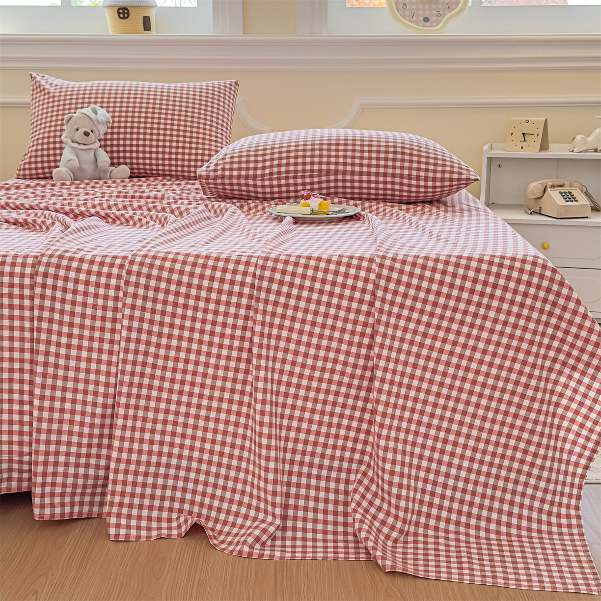 91家纺网 家纺一手货源 找家纺 菡宝 2025新款全棉纯棉色织水洗棉单床单 橘红小格