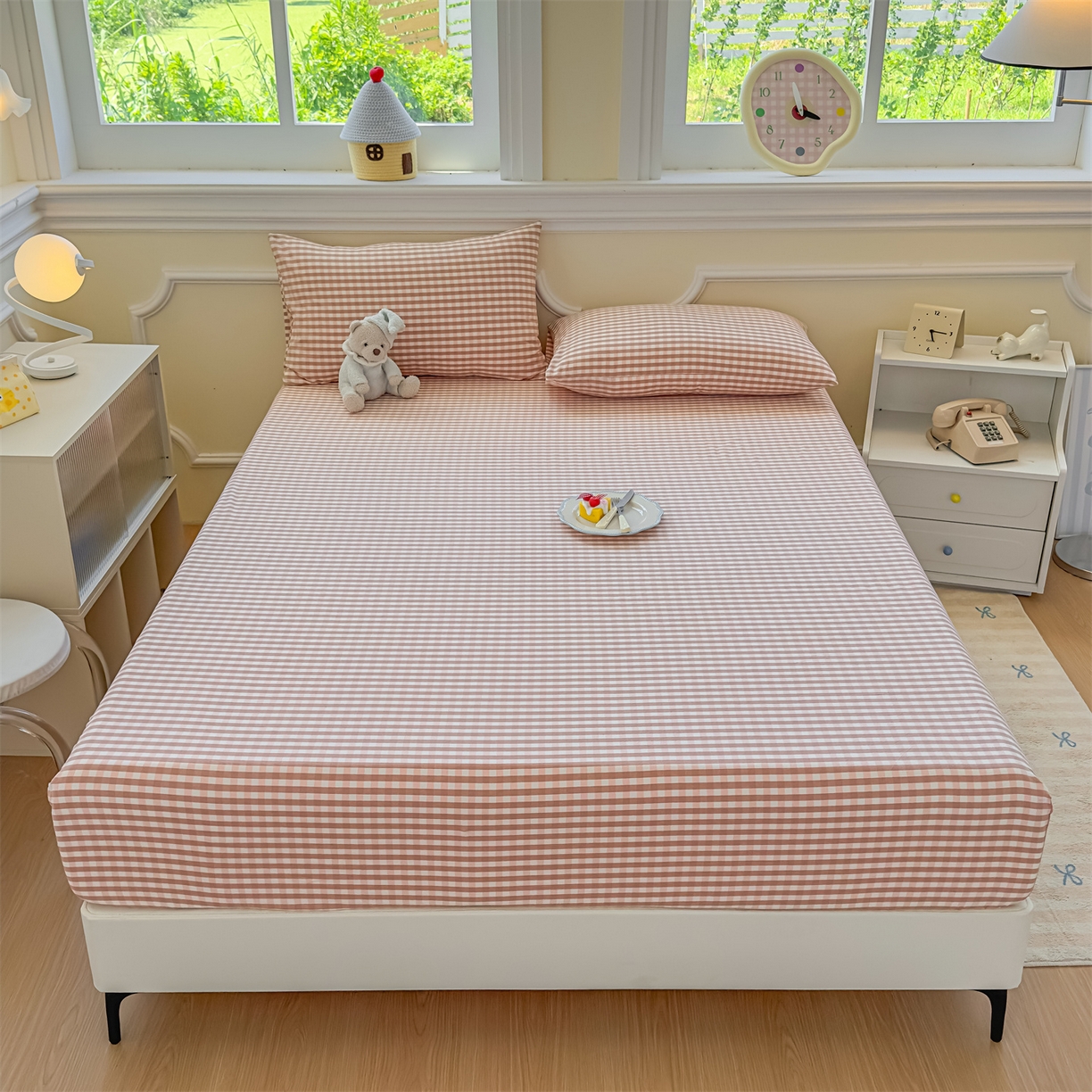 91家纺网 家纺一手货源 找家纺 菡宝 2025新款全棉纯棉色织水洗棉单单床笠 粉小格