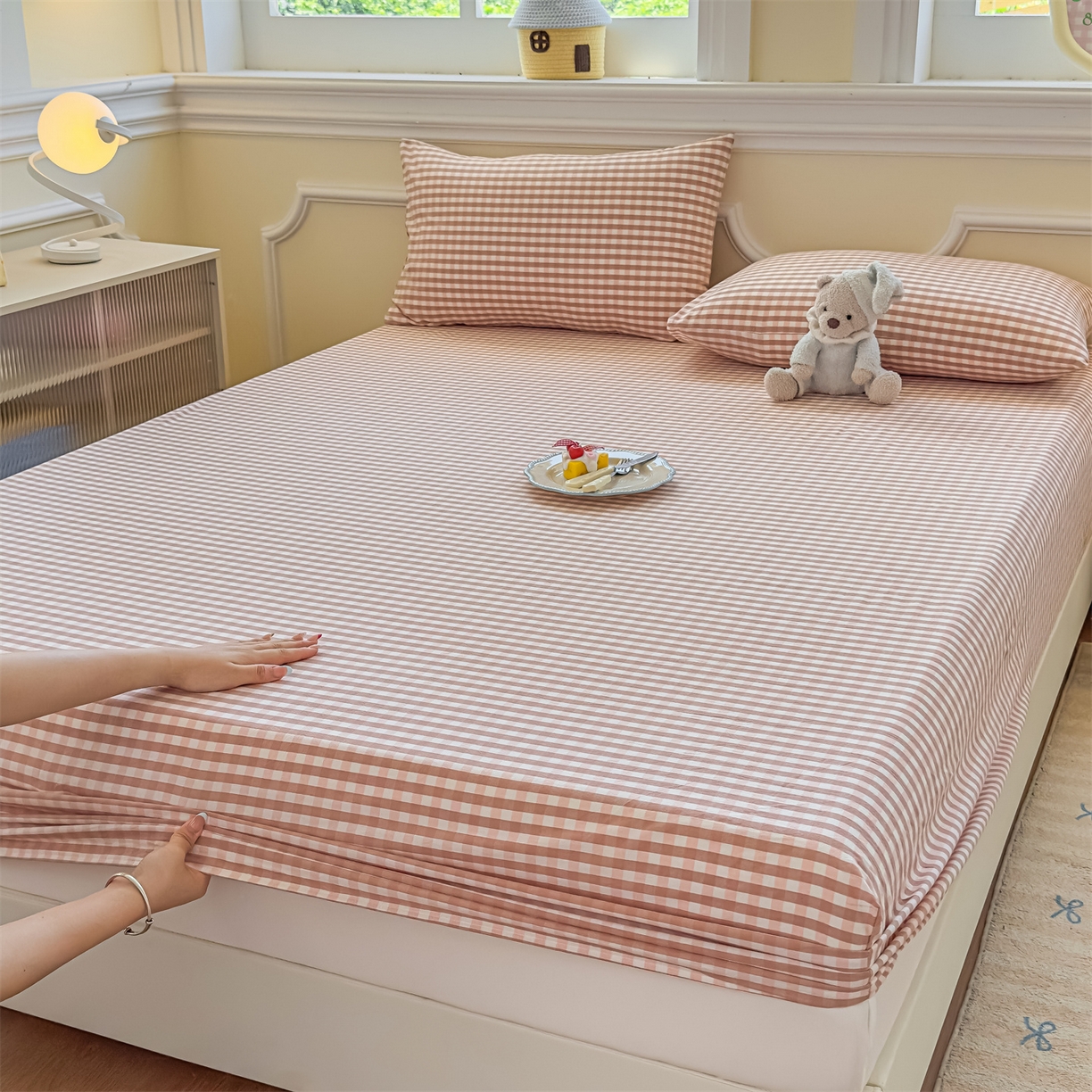 91家纺网 家纺一手货源 找家纺 菡宝 2025新款全棉纯棉色织水洗棉单单床笠 粉小格