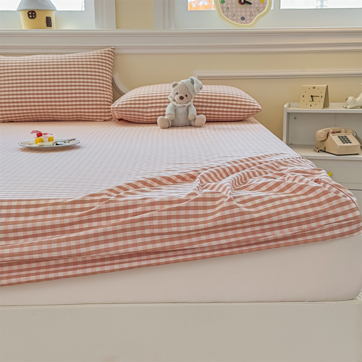 91家纺网 家纺一手货源 找家纺 菡宝 2025新款全棉纯棉色织水洗棉单单床笠 粉小格