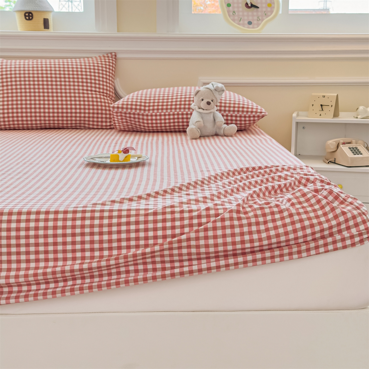 91家纺网 家纺一手货源 找家纺 菡宝 2025新款全棉纯棉色织水洗棉单单床笠 橘红小格