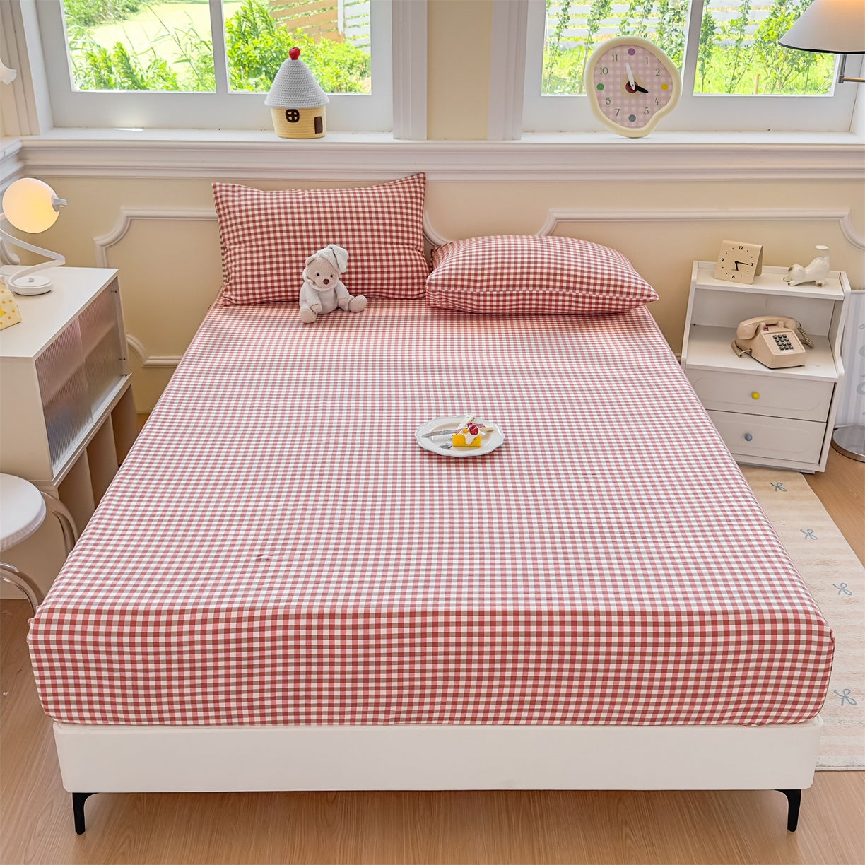 91家纺网 家纺一手货源 找家纺 菡宝 2025新款全棉纯棉色织水洗棉单单床笠 橘红小格