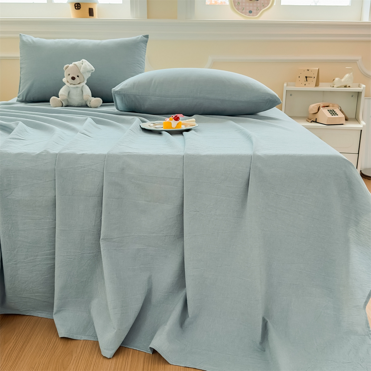 91家纺网 家纺一手货源 找家纺 菡宝 2025新款全棉纯棉色织水洗棉单床单 兰色青年