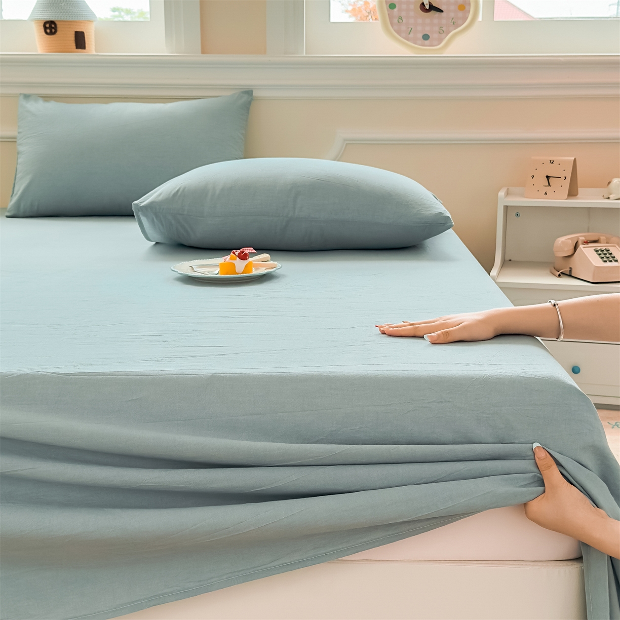 91家纺网 家纺一手货源 找家纺 菡宝 2025新款全棉纯棉色织水洗棉单床单 兰色青年