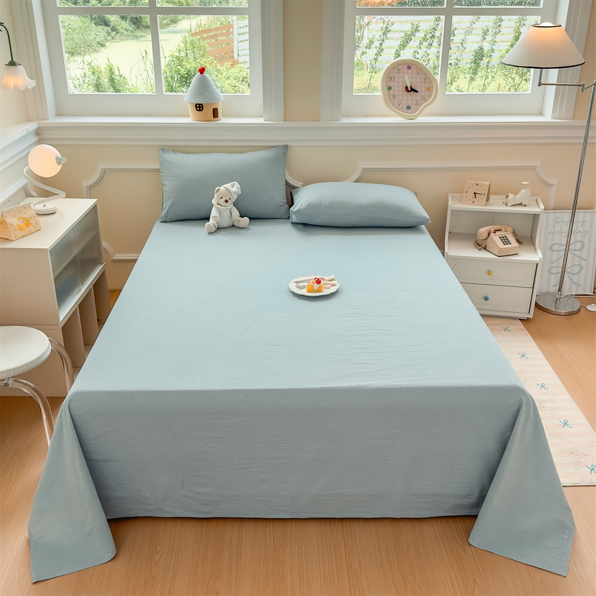 91家纺网 家纺一手货源 找家纺 菡宝 2025新款全棉纯棉色织水洗棉单床单 兰色青年